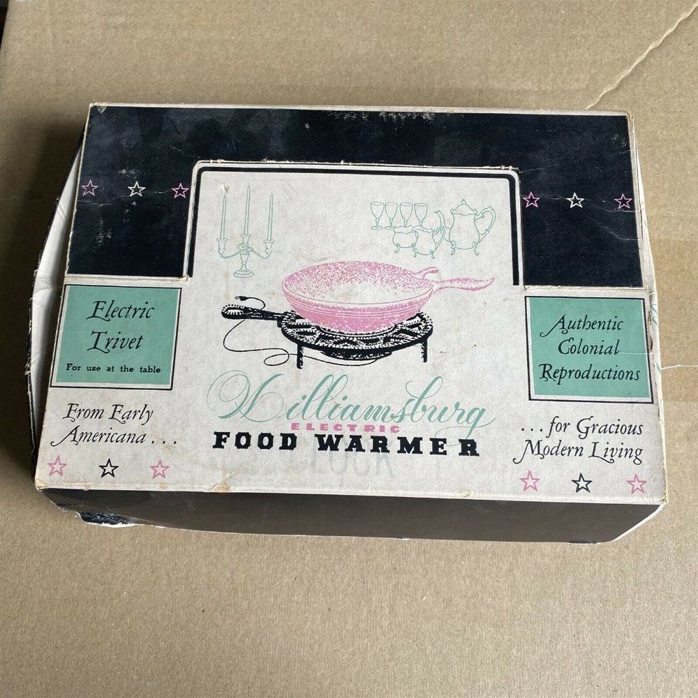 VINTAGE WILLIAMSBURG ELECTRIC TRIVET FOOD WARMER IN Box Black Metal LindaVap